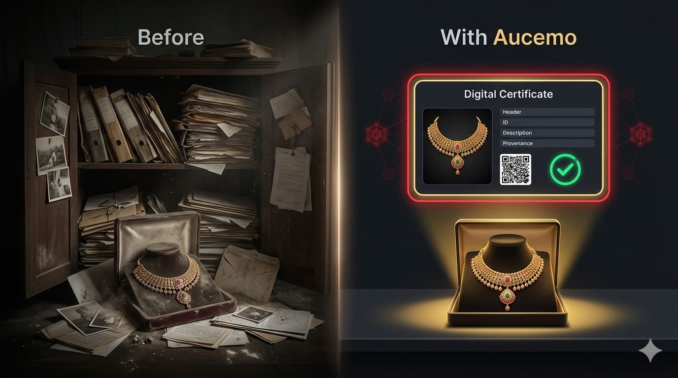Before and with Aucemo — from a dusty paper-filled cupboard to a verified digital certificate