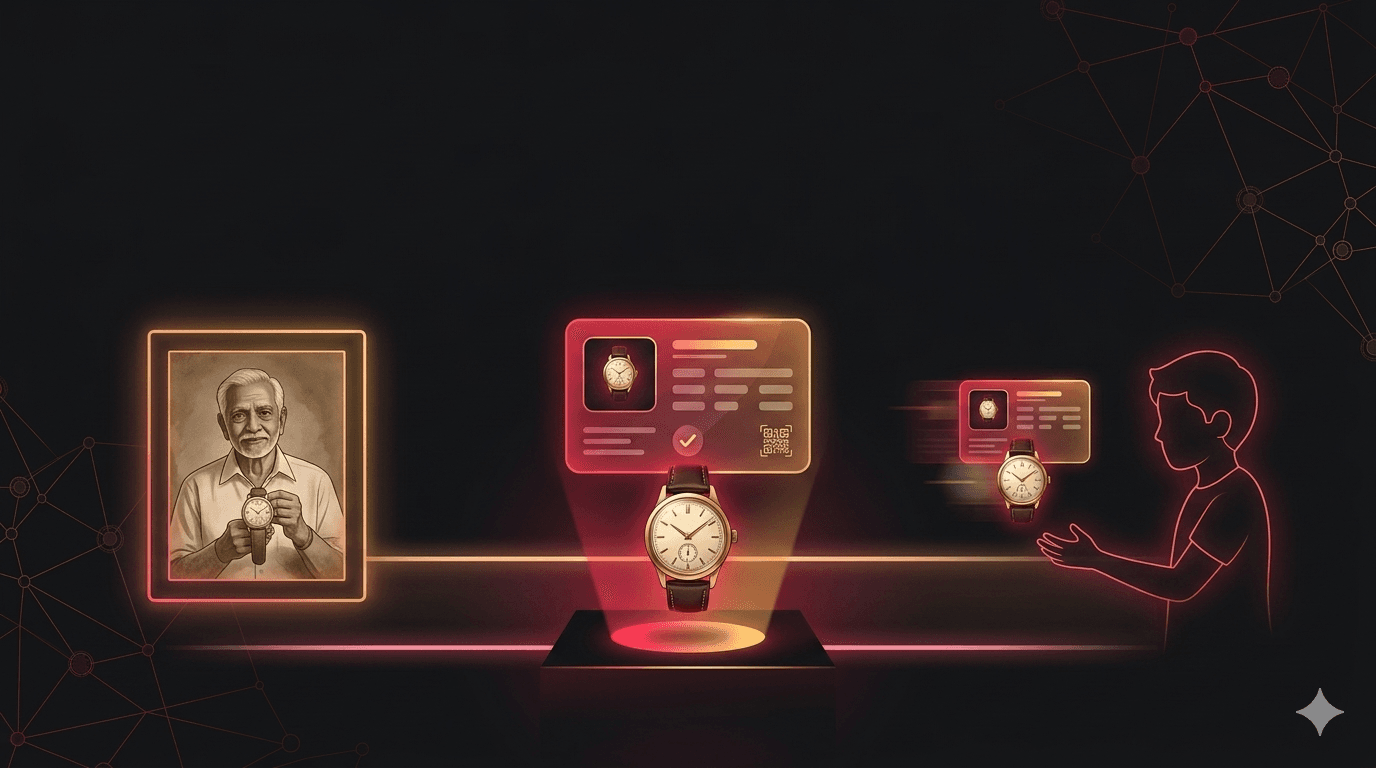 A certified watch on a pedestal with its blockchain-anchored digital passport