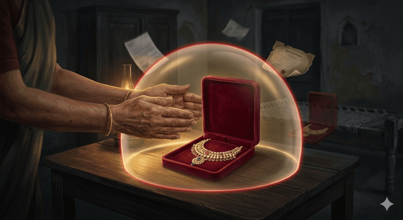 An heirloom necklace protected under a glowing dome